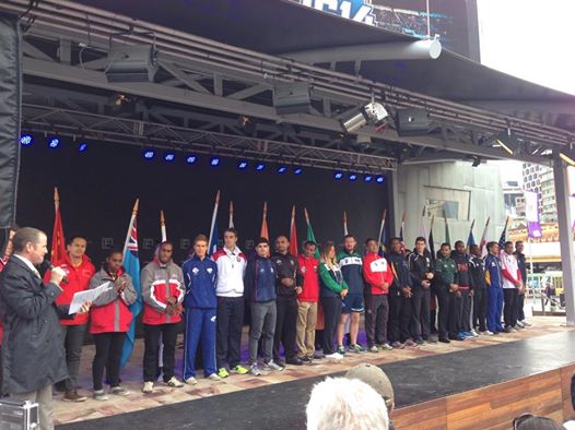 The 25 AFL International Cup captains presented on stage in front of more than 1000 people at Fed Square