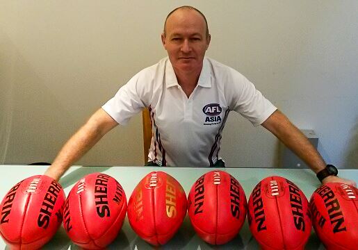 Stenno sporting six Sherrins in the lead up to the AFL Asia event in Melbourne on 17 August 2014.
