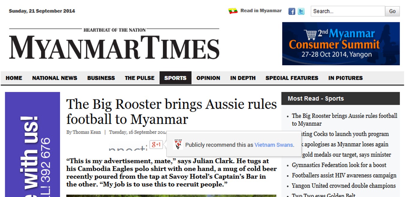 The Big Rooster talks about footy in Asia with the Myanmar Times.