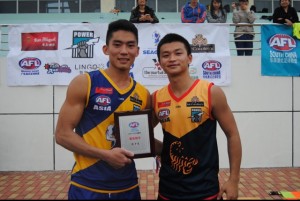 Seagulls Captain and GDAFL leading goalkicker Chen Shoaliang with Operations Manager and China footy legend Zhang Hao